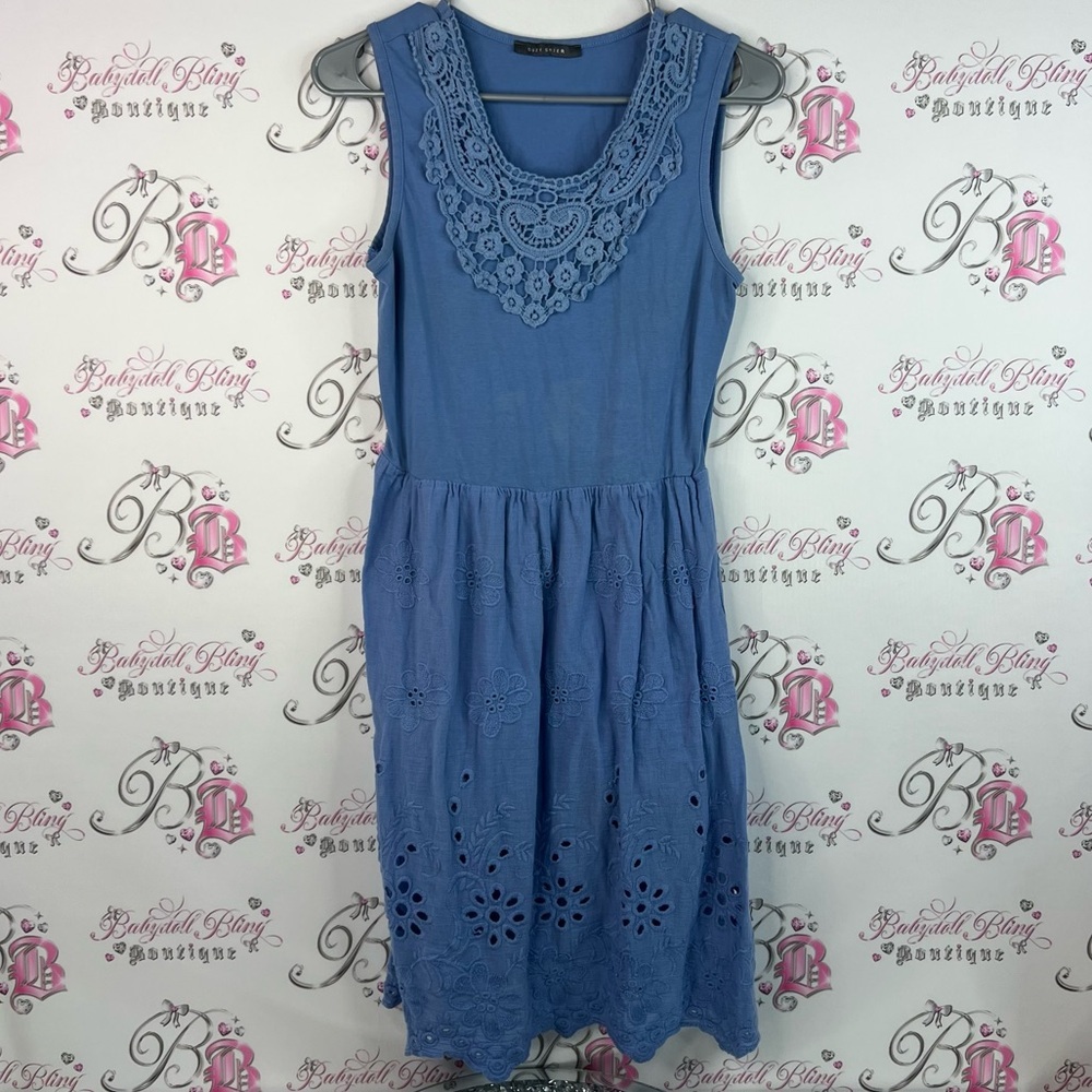 Suzy Shier dress floral cut out details flowers Blue Crochet Detail Midi Dress